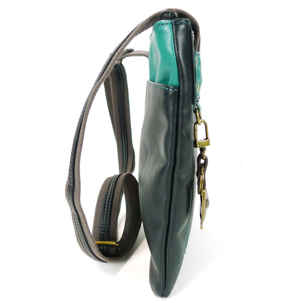 Chala Handbag Xbody Swing Bag, Crossbody Swing Bag, FAUX Leather, 2 Tone (Owl, Teal/Black)
