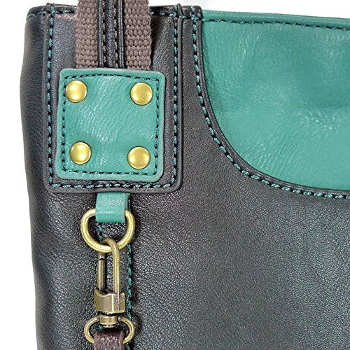 Chala Handbag Xbody Swing Bag, Crossbody Swing Bag, FAUX Leather, 2 Tone (Owl, Teal/Black)