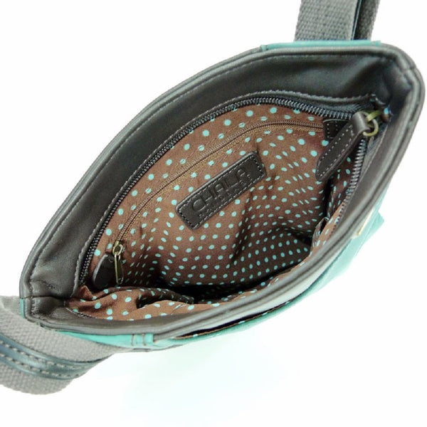 Chala Handbag Xbody Swing Bag, Crossbody Swing Bag, FAUX Leather, 2 Tone (Owl, Teal/Black)