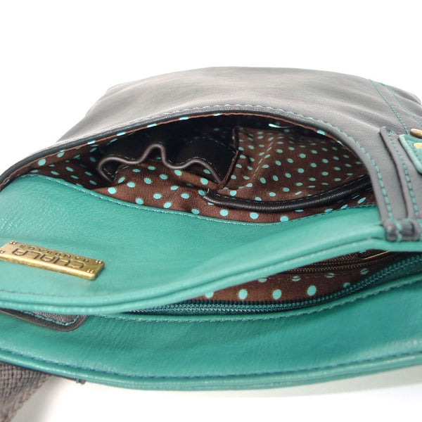 Chala Handbag Xbody Swing Bag, Crossbody Swing Bag, FAUX Leather, 2 Tone (Owl, Teal/Black)