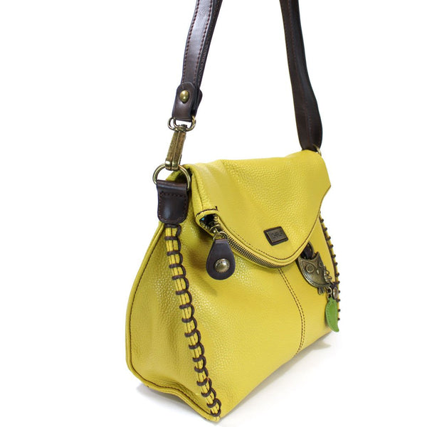 Chala Charming Crossbody Bag Pleather Metal OWL Mustard Yellow Convertible