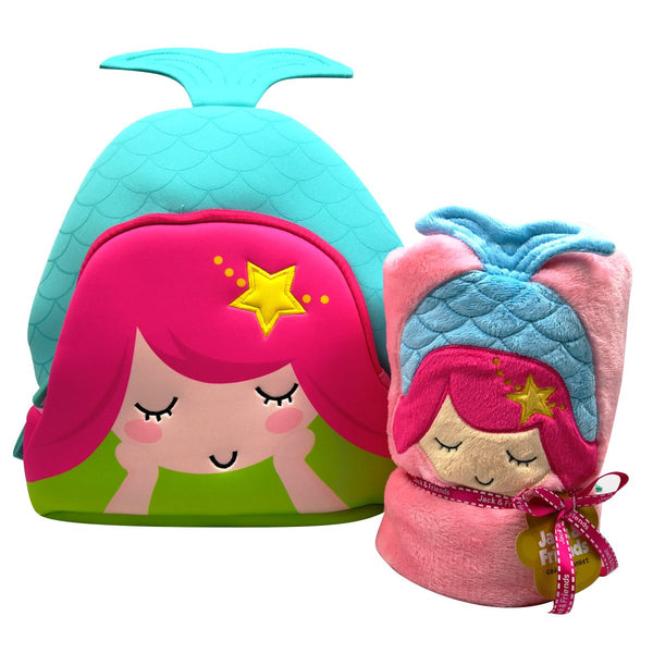 Mermaid Plush Cuddly Kids Animal Blanket and Toddlers Backpack (Pink Mermaid)