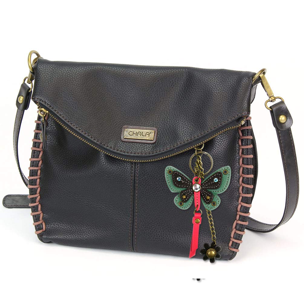 Chala Charming Crossbody Bag with Zipper Flap Top and Metal Chain - Black (Teal Butterfly)