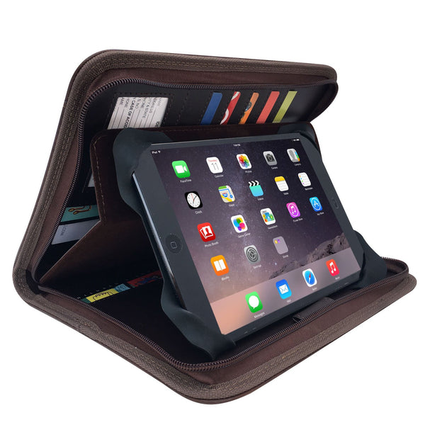 MSP Brown Organizer Padfolio with 8" Tablet Sleeve and Zipper Closure, Multiple Slots- PU Leather