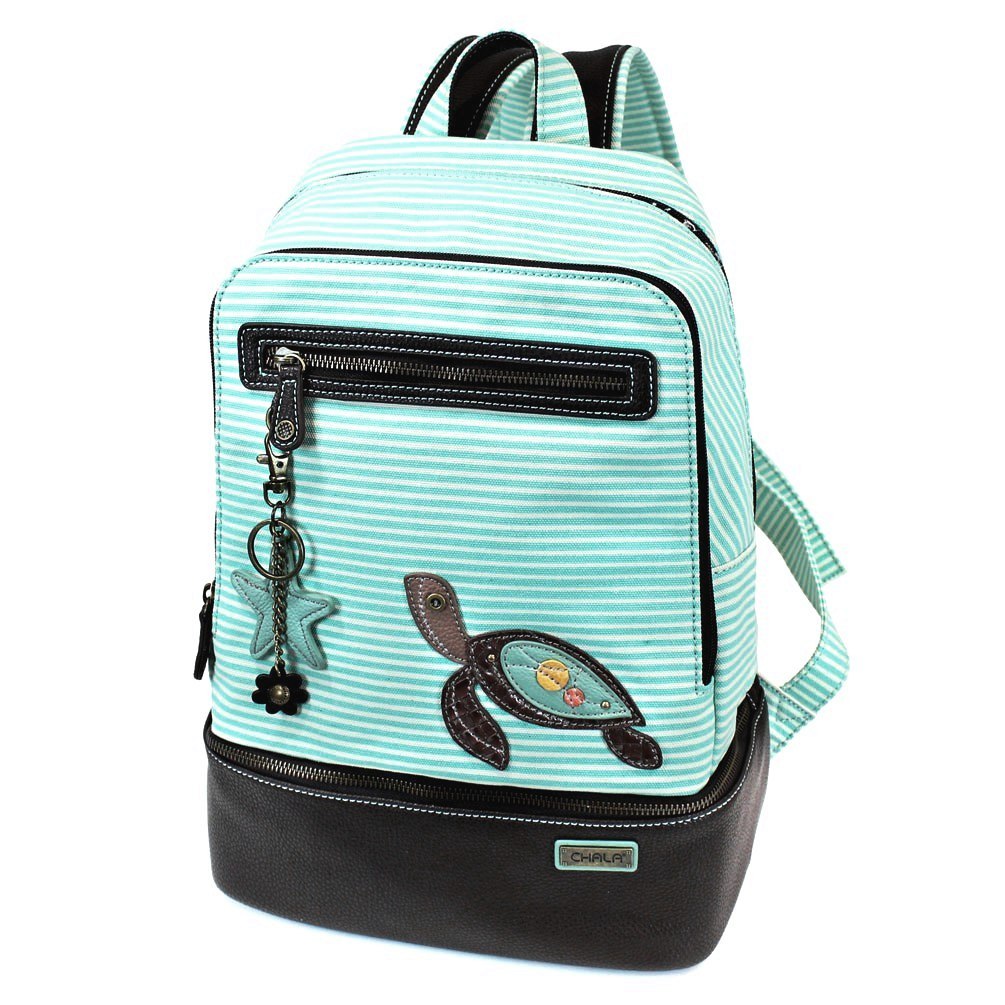 Chala Deluxe Striped Backpack Style Purse with detachable Key Fob Charm (Sea Turtle)